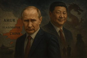 Digital illustration of Putin with a strained face beside a map of the Russian Far East, Xi Jinping smiling with a dragon shadow, and silhouettes of military and espionage figures under a stormy sky.
