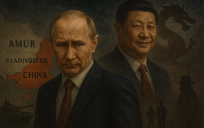 Digital illustration of Putin with a strained face beside a map of the Russian Far East, Xi Jinping smiling with a dragon shadow, and silhouettes of military and espionage figures under a stormy sky.