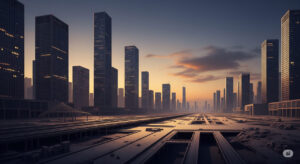Eerie illustration of empty urban streets in a Chinese ghost city at dusk, with vacant high-rises and fading lights representing population collapse and economic shifts.