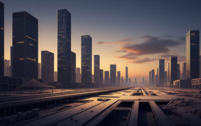 Eerie illustration of empty urban streets in a Chinese ghost city at dusk, with vacant high-rises and fading lights representing population collapse and economic shifts.