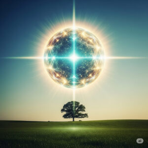 A glowing golden-reddish orb hovers over a lush green pasture under a starry sky, representing a spiritual near-death experience.