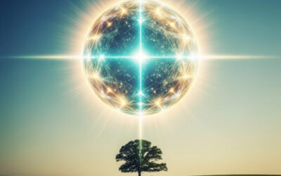 A glowing golden-reddish orb hovers over a lush green pasture under a starry sky, representing a spiritual near-death experience.