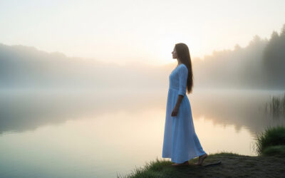 A person meditating by a calm lake at dawn, surrounded by mist and soft light, symbolizing inner peace and stillness.