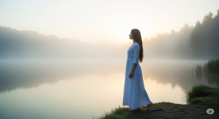 A person meditating by a calm lake at dawn, surrounded by mist and soft light, symbolizing inner peace and stillness.