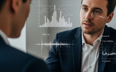 Close-up of two people talking, with one observing facial cues, overlaid with subtle graphs of blink rates and expression markers, symbolizing behavioral analysis.