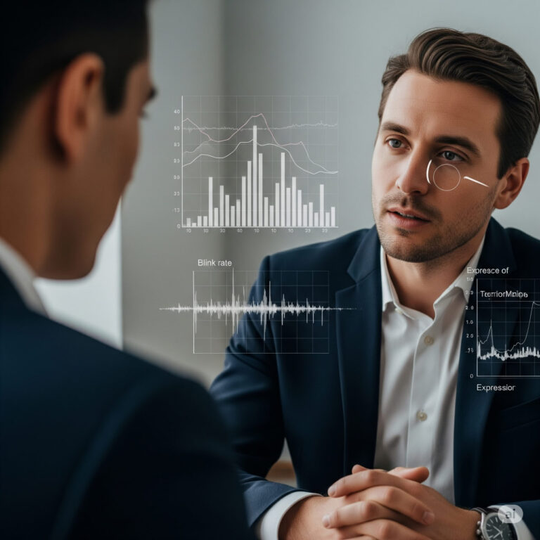 Close-up of two people talking, with one observing facial cues, overlaid with subtle graphs of blink rates and expression markers, symbolizing behavioral analysis.