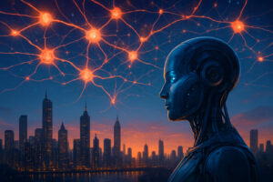 A vibrant digital illustration of a futuristic city with interconnected neural networks glowing in the sky, representing the transformative power of AI.