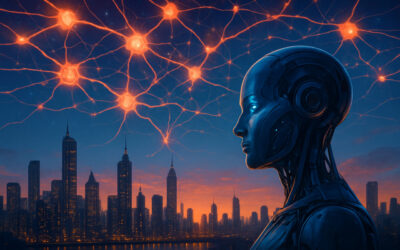 A vibrant digital illustration of a futuristic city with interconnected neural networks glowing in the sky, representing the transformative power of AI.