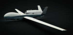A sleek, white and gray military drone with long wings and a star insignia, positioned against a dark background, showcasing its advanced design.