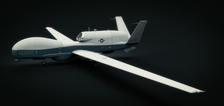 A sleek, white and gray military drone with long wings and a star insignia, positioned against a dark background, showcasing its advanced design.