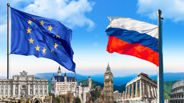 A vibrant image featuring the EU flag with its circle of yellow stars on blue and the Russian flag with its red, white, and blue stripes, set against a scenic skyline of European landmarks including the Trevi Fountain, Neuschwanstein Castle, Big Ben, the Parthenon, and the Colosseum.