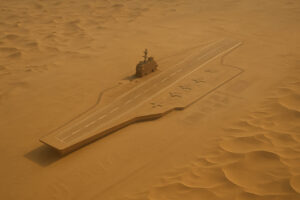 Aerial satellite image showing a detailed replica of an American aircraft carrier in the sandy expanse of the Taklamakan Desert, symbolizing China's naval preparations and missile testing in 2025.