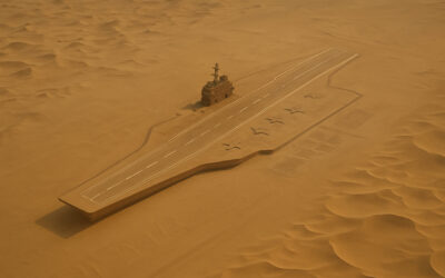 Aerial satellite image showing a detailed replica of an American aircraft carrier in the sandy expanse of the Taklamakan Desert, symbolizing China's naval preparations and missile testing in 2025.