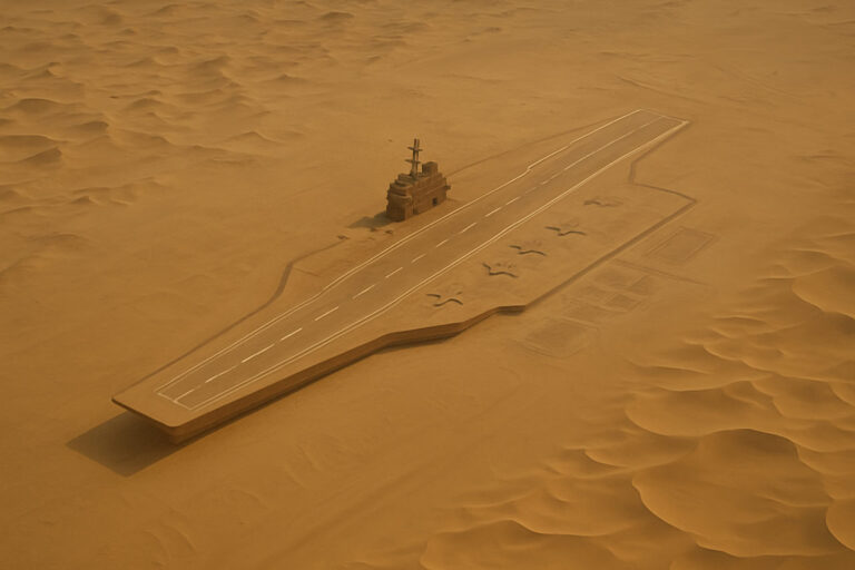 Aerial satellite image showing a detailed replica of an American aircraft carrier in the sandy expanse of the Taklamakan Desert, symbolizing China's naval preparations and missile testing in 2025.