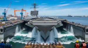 Artistic rendering of Ford-class aircraft carrier USS John F. Kennedy launching process in Newport News dry dock, emphasizing engineering and naval power.