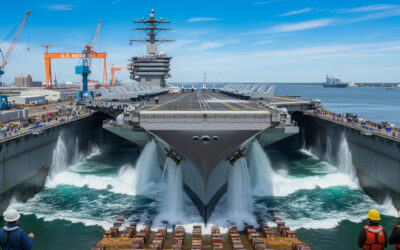 Artistic rendering of Ford-class aircraft carrier USS John F. Kennedy launching process in Newport News dry dock, emphasizing engineering and naval power.
