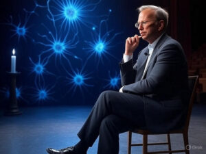 Former Google CEO Eric Schmidt discussing AI's transformative impact on stage at tech conference.