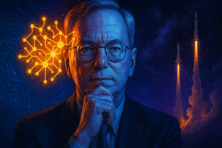 A futuristic illustration of Eric Schmidt standing at the intersection of AI circuits and cosmic rockets, symbolizing his roles in technology and space innovation.