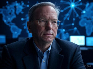 Illustration of Eric Schmidt envisioning AI superintelligence with futuristic elements like glowing neural networks and global maps.