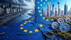 A symbolic illustration showing a fractured European Union flag overlaid on a graph of declining economic curves, contrasted with rising American lines, evoking themes of stagnation and potential revival.