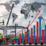 A dynamic illustration of American factories under construction against a backdrop of global trade maps, with rising graphs symbolizing manufacturing spending trends and shadowy figures representing geopolitical tensions.