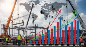 A dynamic illustration of American factories under construction against a backdrop of global trade maps, with rising graphs symbolizing manufacturing spending trends and shadowy figures representing geopolitical tensions.