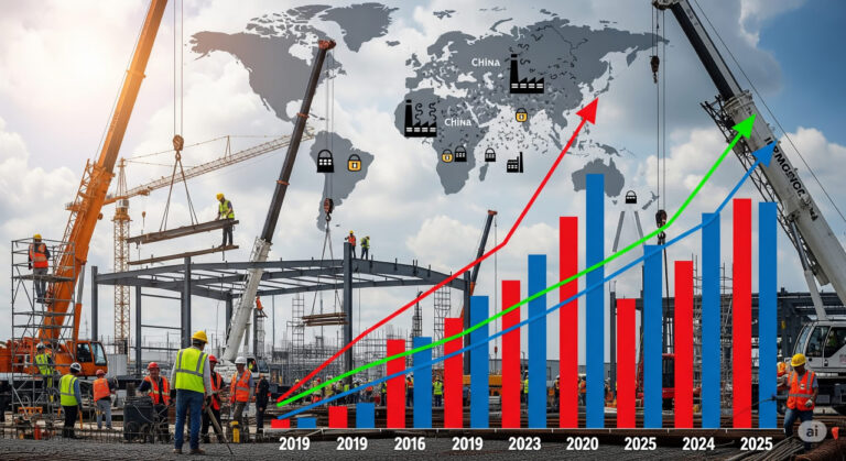 A dynamic illustration of American factories under construction against a backdrop of global trade maps, with rising graphs symbolizing manufacturing spending trends and shadowy figures representing geopolitical tensions.