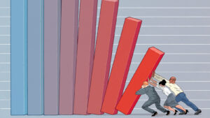 A bar chart displaying an upward trend in team performance data, with bars increasing in height over time, set against a professional office background, symbolizing growth and teamwork.