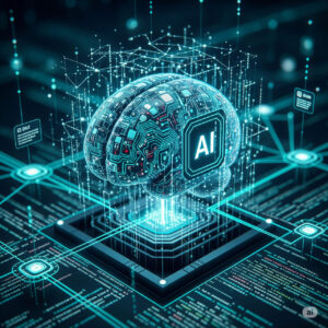 Digital artwork depicting a futuristic brain made of neural connections, surrounded by flowing code snippets and enterprise icons like gears and data streams, representing Reflection AI's vision for superintelligent systems.