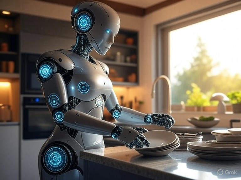 Illustration of a humanoid robot unloading a dishwasher in a bright, modern home setting, inspired by advancements from Figure AI.