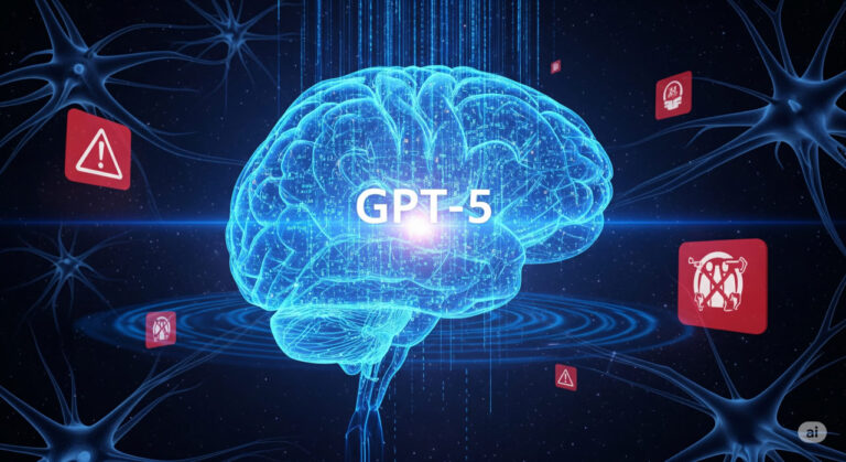 Illustration of advanced AI model GPT-5 with abstract brain-like circuits and warning symbols, representing innovation and risks in 2025.
