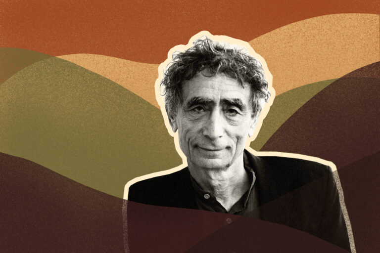 Black-and-white close-up of Dr. Gabor Maté with curly hair and a gentle smile, overlaid on a textured abstract background of rolling hills in shades of brown, green, and orange, evoking themes of trauma, healing, and introspection.