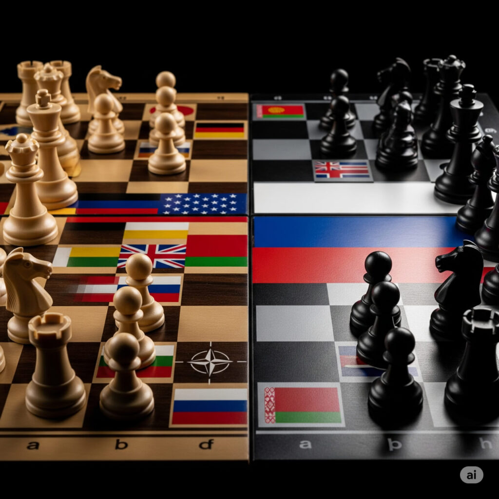 A stylized chessboard with NATO and Russian flags, highlighting the strategic moves in the narrative around NATO expansion.