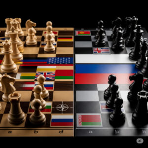 A stylized chessboard with NATO and Russian flags, highlighting the strategic moves in the narrative around NATO expansion.