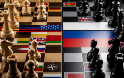 A stylized chessboard with NATO and Russian flags, highlighting the strategic moves in the narrative around NATO expansion.