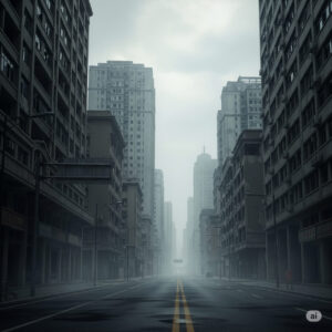 A deserted city street in China with modern skyscrapers under a cloudy sky, symbolizing economic decline and population collapse.