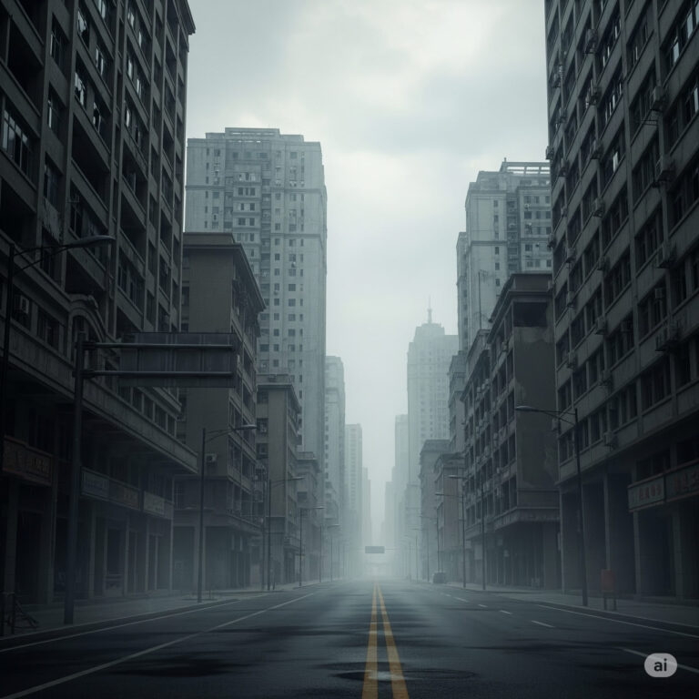 A deserted city street in China with modern skyscrapers under a cloudy sky, symbolizing economic decline and population collapse.