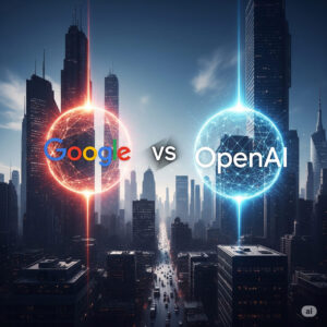 A vibrant digital artwork of a futuristic city with towering skyscrapers, featuring Google’s logo in a fiery orange sphere and OpenAI’s logo in a bright blue sphere, representing their rivalry in AI innovation.