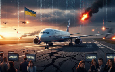 A dramatic illustration of a grounded Aeroflot airplane amidst digital chaos and war-torn skies, symbolizing the cyber attack on Russia's flagship airline during the ongoing Ukraine conflict.