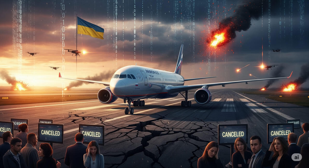 A dramatic illustration of a grounded Aeroflot airplane amidst digital chaos and war-torn skies, symbolizing the cyber attack on Russia's flagship airline during the ongoing Ukraine conflict.