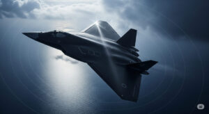 A futuristic Chinese J-36 stealth fighter jet gliding through dramatic clouds, showcasing its tailless diamond-wing design and sleek, radar-evading silhouette against a stormy sky.