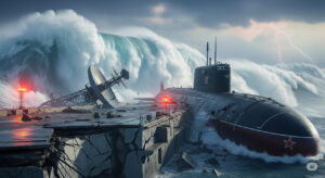 A dramatic depiction of tsunami waves crashing against Russia’s Vilyuchinsk naval base, with a damaged submarine dock under a stormy sky, symbolizing the 2025 earthquake’s strategic impact.