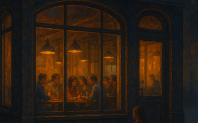 A cozy Kyiv café illuminated at dusk with people dining, unaware of a foiled Russian FSB bomb plot.