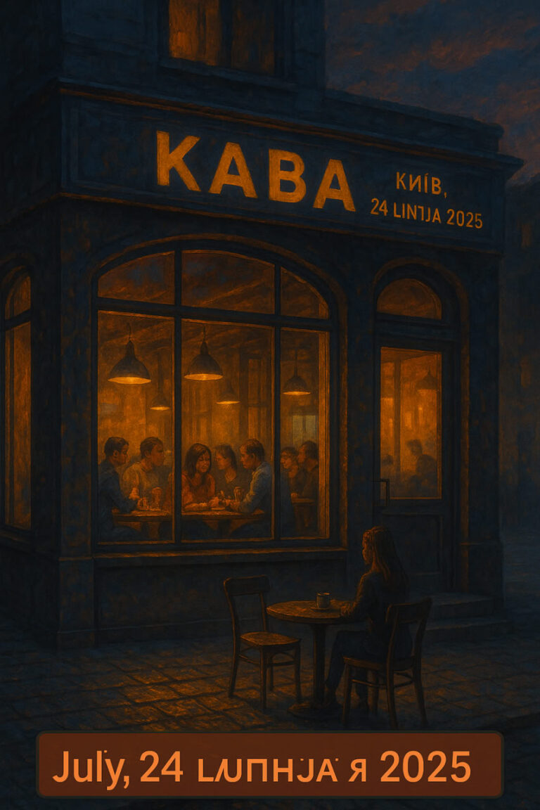 A cozy Kyiv café illuminated at dusk with people dining, unaware of a foiled Russian FSB bomb plot.