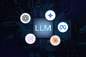 Image of a circuit board with the text "LLM" at the center, surrounded by six circular logos of different AI models, connected by blue circuit lines on a dark background.