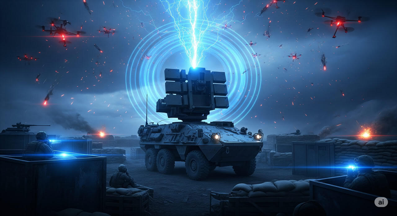 A futuristic illustration of the Leonidas high-power microwave system emitting invisible energy waves to disable a swarm of incoming drones against a dramatic battlefield sky.