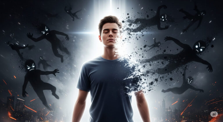 Digital artwork of a figure in radiant light, with fading shadows of judgment, representing the 2025 spiritual call to transcend ego and find truth.