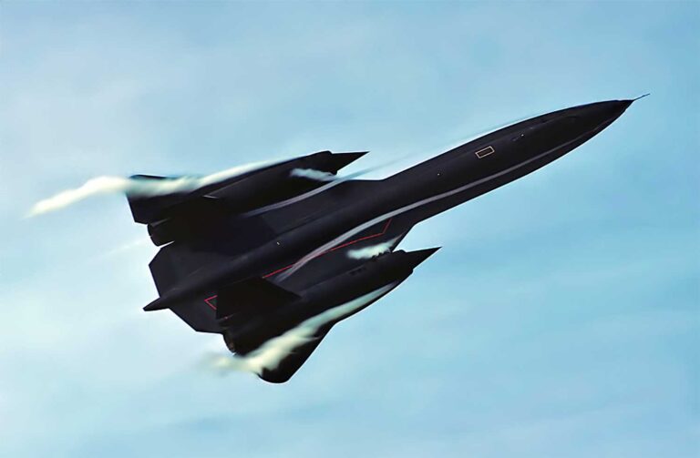 A sleek, black SR-71 Blackbird aircraft glides at high altitude against a clear blue sky, showcasing its delta wings, twin engines, and distinctive chine edges, with a distant horizon below.