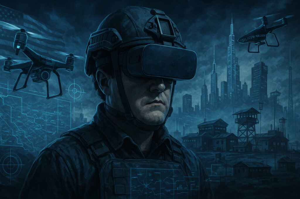 A dramatic illustration of Palmer Luckey standing at the intersection of virtual reality headsets and military drones, symbolizing the blend of consumer tech and defense innovation under a stormy sky.