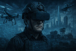 A dramatic illustration of Palmer Luckey standing at the intersection of virtual reality headsets and military drones, symbolizing the blend of consumer tech and defense innovation under a stormy sky.